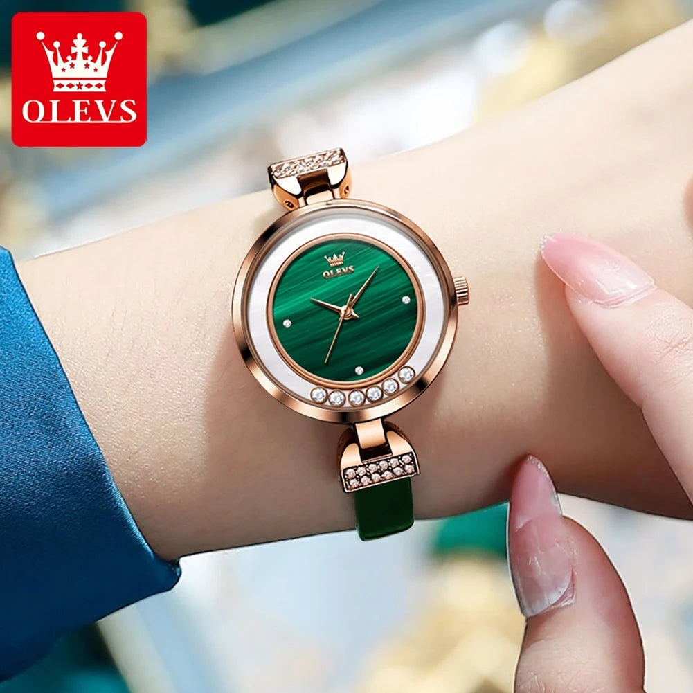 OLEVS Women's Elegant Green Simple Dress Watch Waterproof Leather