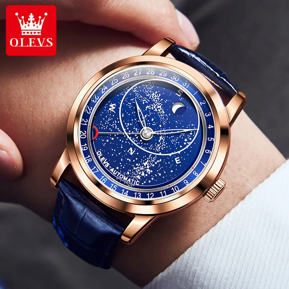 OLEVS 9923 Men's Moon Phase Man Blue Leather Luxury Wristwatch