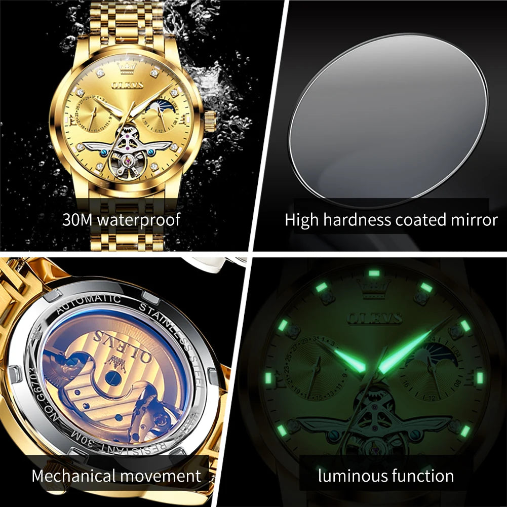 OLEVS Luxury Business Mechanical Waterproof Luminous Moon Phase Date