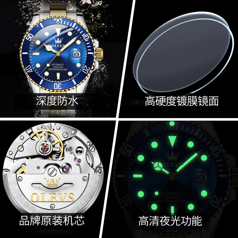 OLEVS Men's Luxury Mechanical Waterproof Stainless Steel Luminous Fashion Relogio