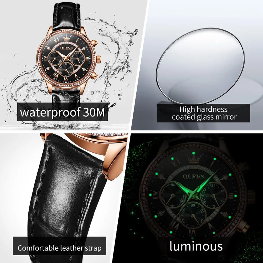 OLEVS 2915 Women's Diamond Bezel Ladies Soft Leather Waterproof Luminous Chronograph