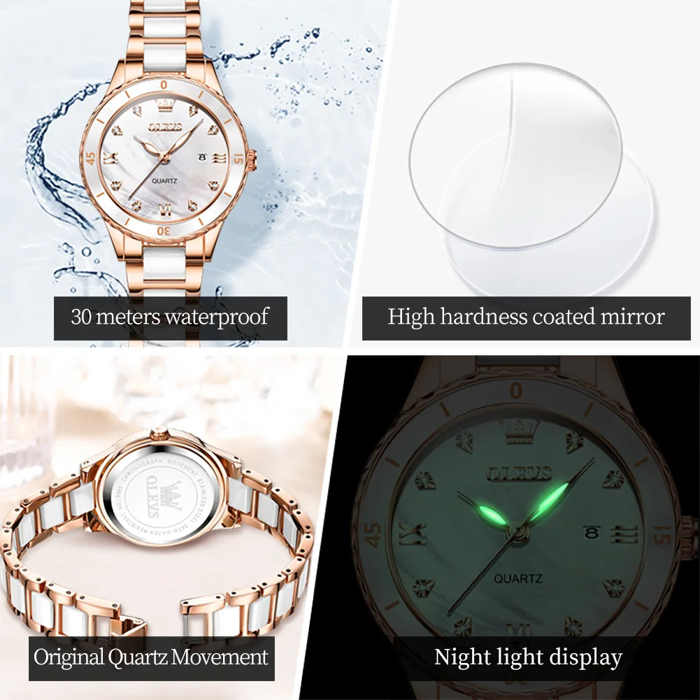 OLEVS 9985 Women's Ceramics Quartz Diamond Scale Display Waterproof Luminous Watch