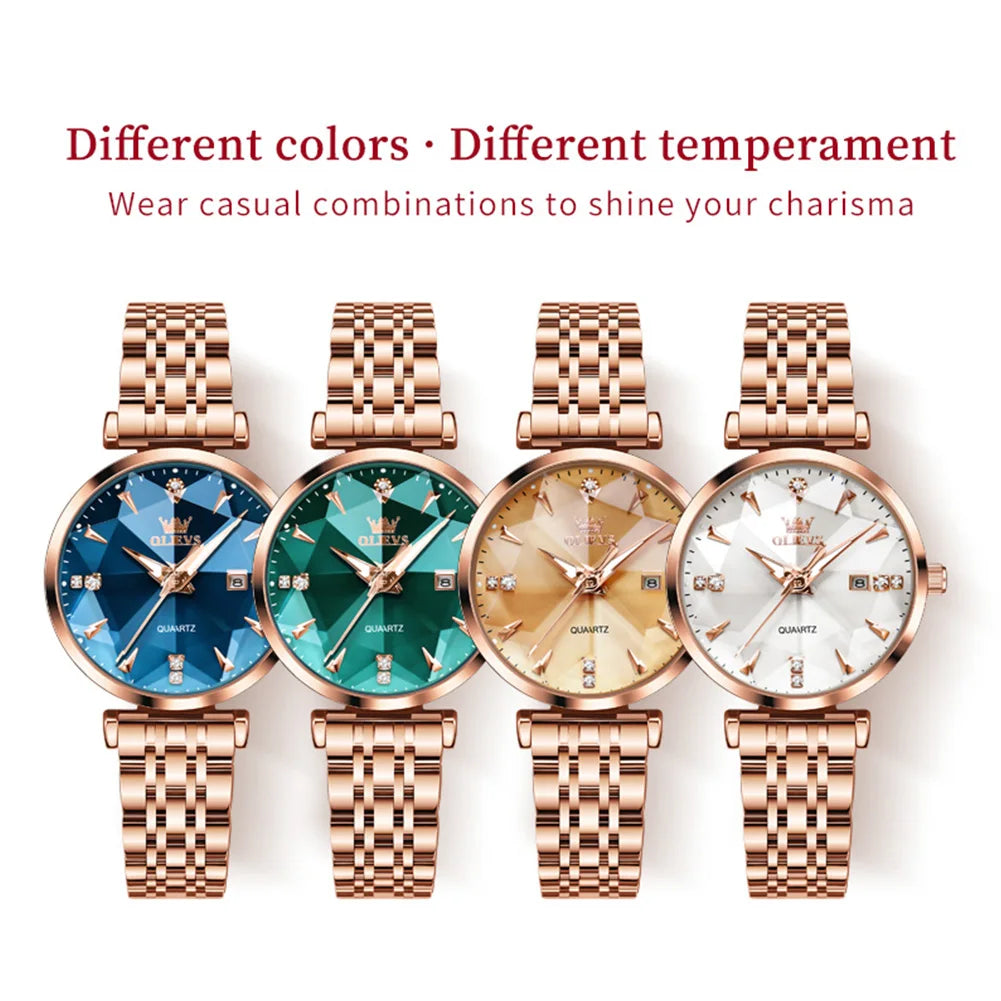 OLEVS 5536 Women's Rhombic shape Mirror Rose Gold Steel Waterproof