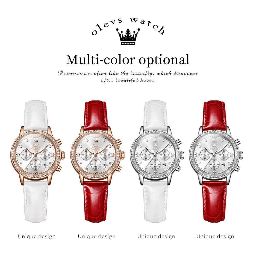 OLEVS 9933 Women's Luxury Diamond Ladies Waterproof Leather Strap Watch