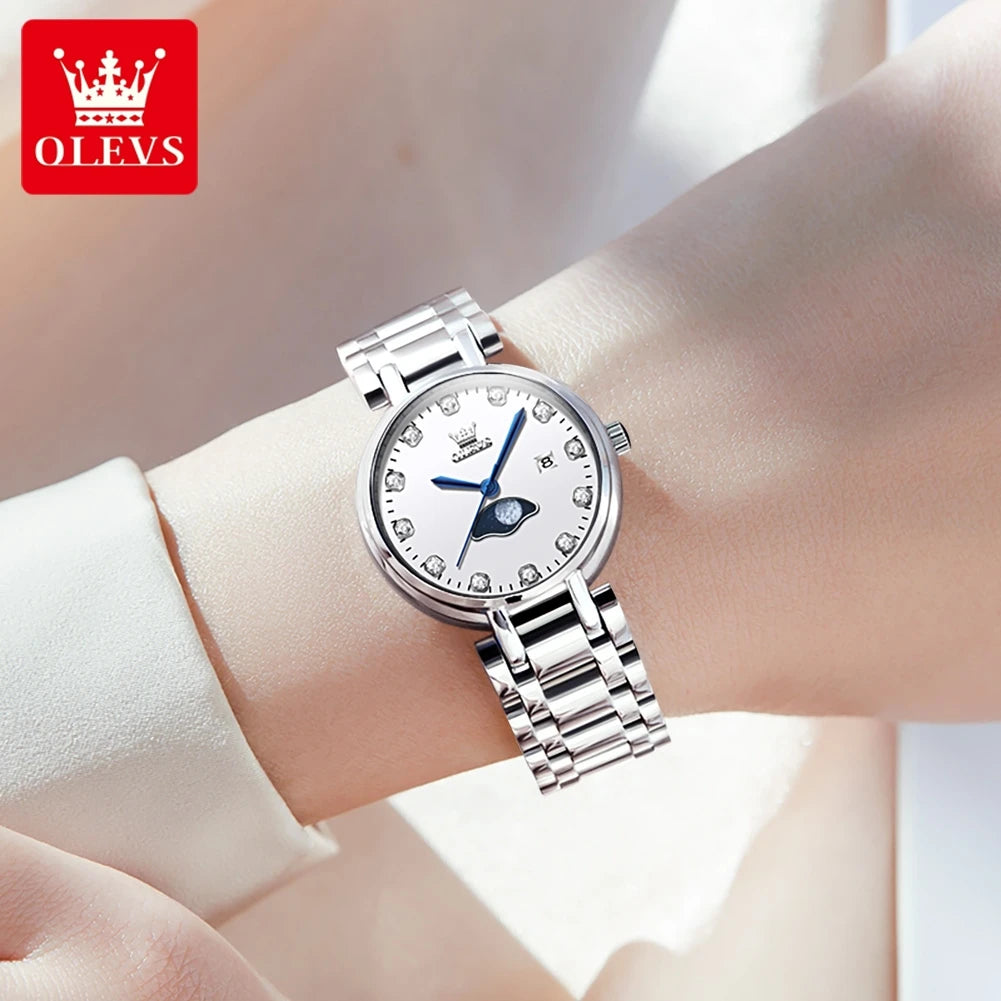 OLEVS 5573 Women's Minimalist Waterproof Stainless Steel Calendar Moon Pash Set