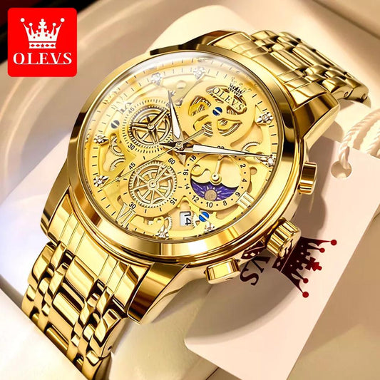 OLEVS 9947 Top Brand Luxury Original Waterproof Quartz Watch for Man Gold Skeleton Style