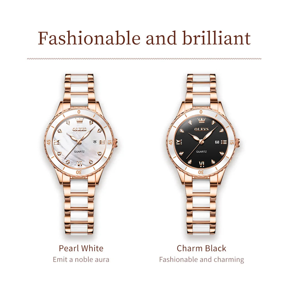 OLEVS 9985 Women's Ceramics Quartz Diamond Scale Display Waterproof Luminous Watch