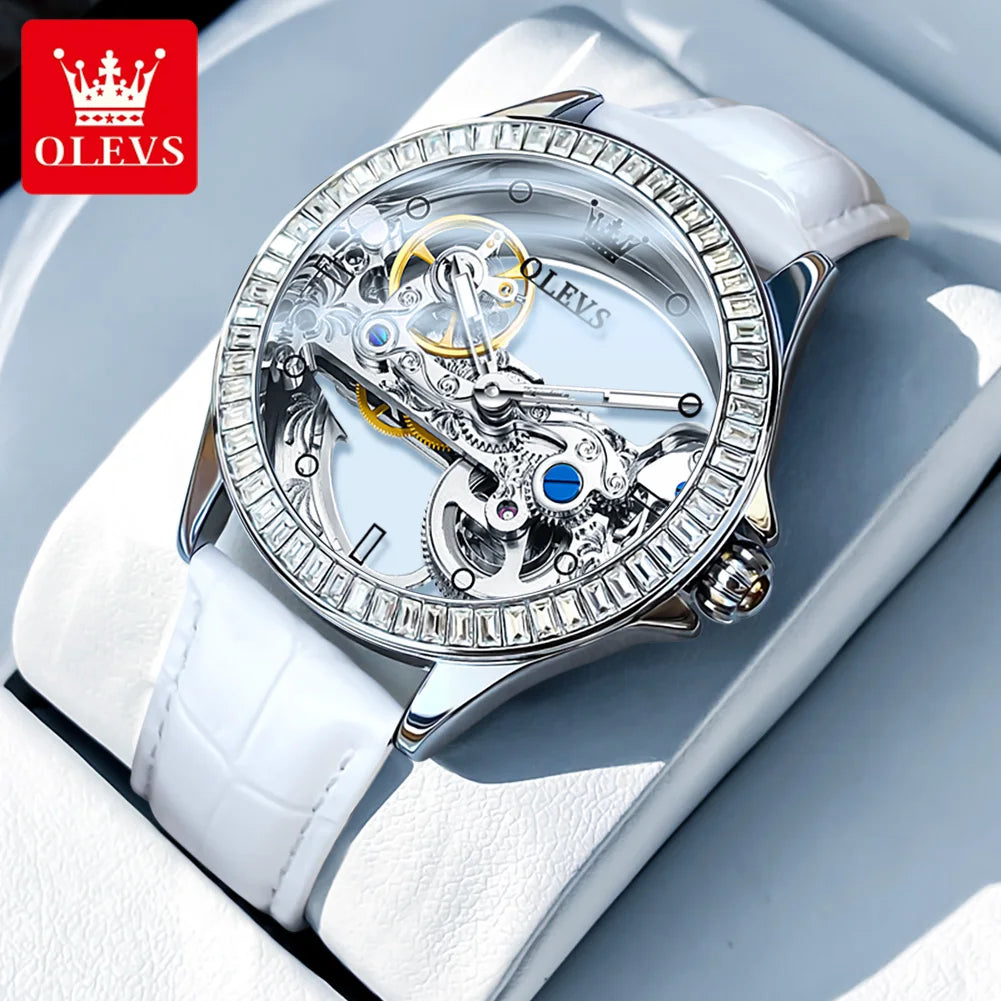 OLEVS 6661+6699 Couple Transparent Hollow Dial Fashion Leather Exquisite Set