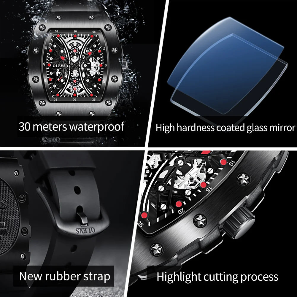 OLEVS 3602 Men's Barrel Shaped Dial Waterproof Luminous Rubber Strap
