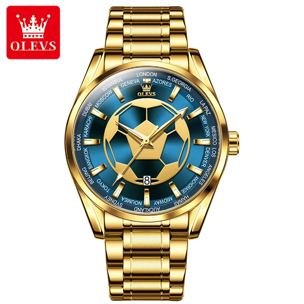 OLEVS 9949 Men's Waterproof Stainless Steel All Gold Blue Soccer Dial