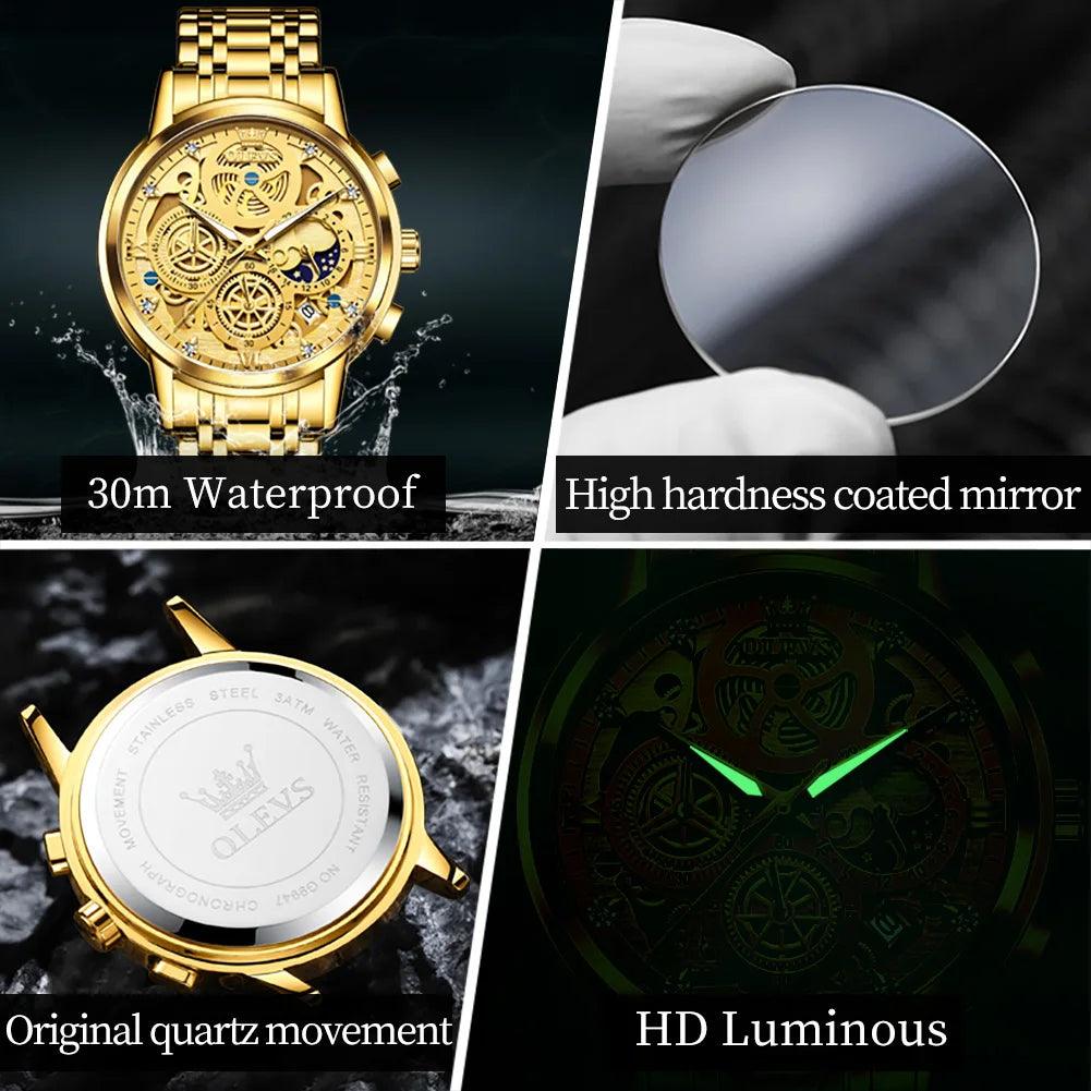 OLEVS 9947 Top Brand Luxury Original Waterproof Quartz Watch for Man Gold Skeleton Style