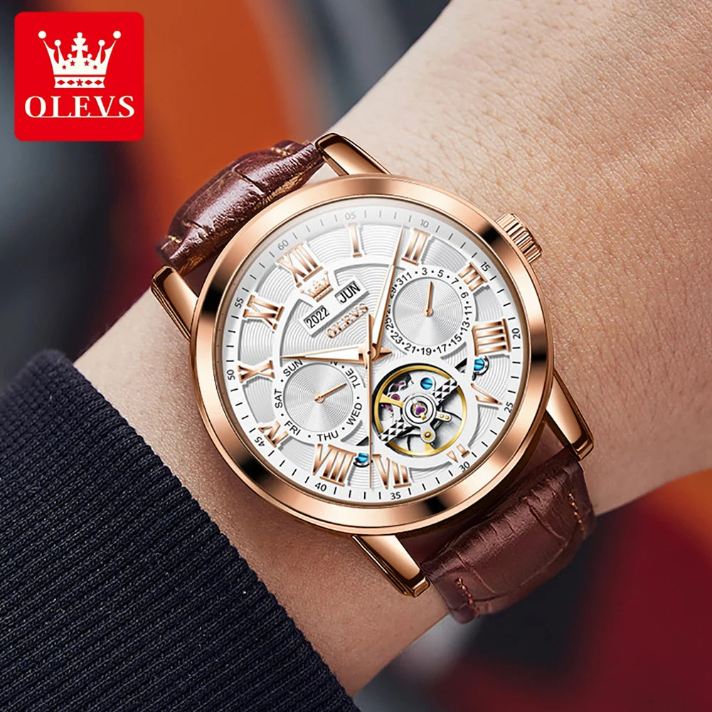 OLEVS Men's Classic Waterproof Leather Strap Luminous Calendar i