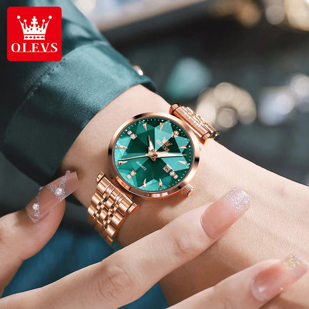 OLEVS 5536 Women's Rhombic shape Mirror Rose Gold Steel Waterproof