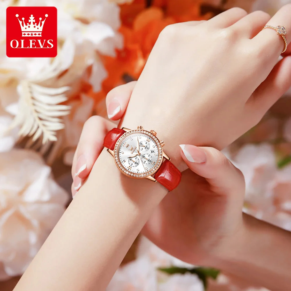 OLEVS 9933 Women's Luxury Diamond Ladies Waterproof Leather Strap Watch