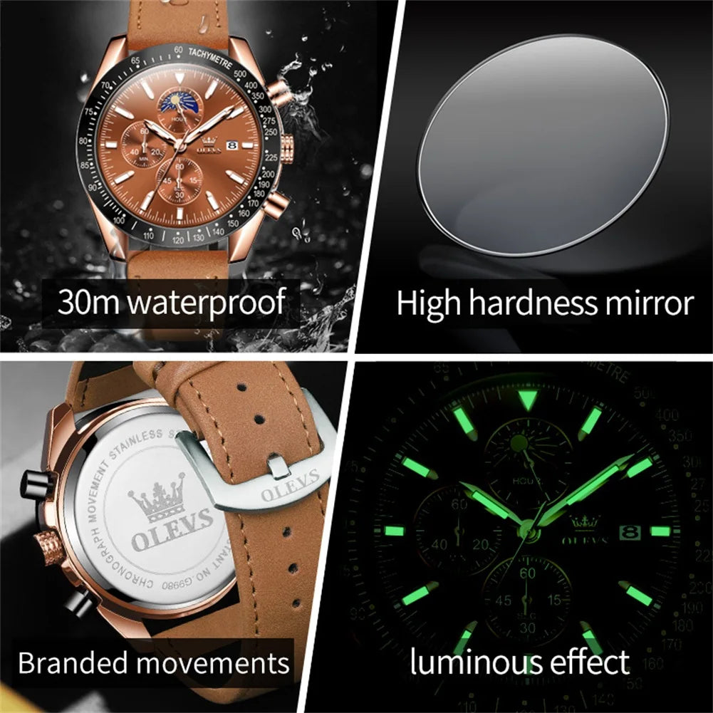 OLEVS 9980 Men's Quartz Waterproof Multifuncion Chronograph Moon Phase Display
