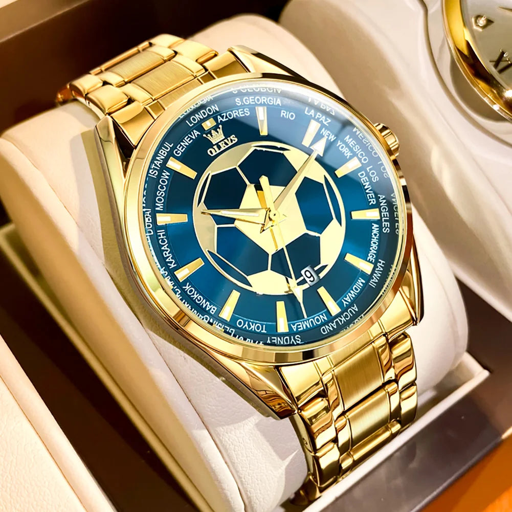 OLEVS 9949 Men's Waterproof Stainless Steel All Gold Blue Soccer Dial