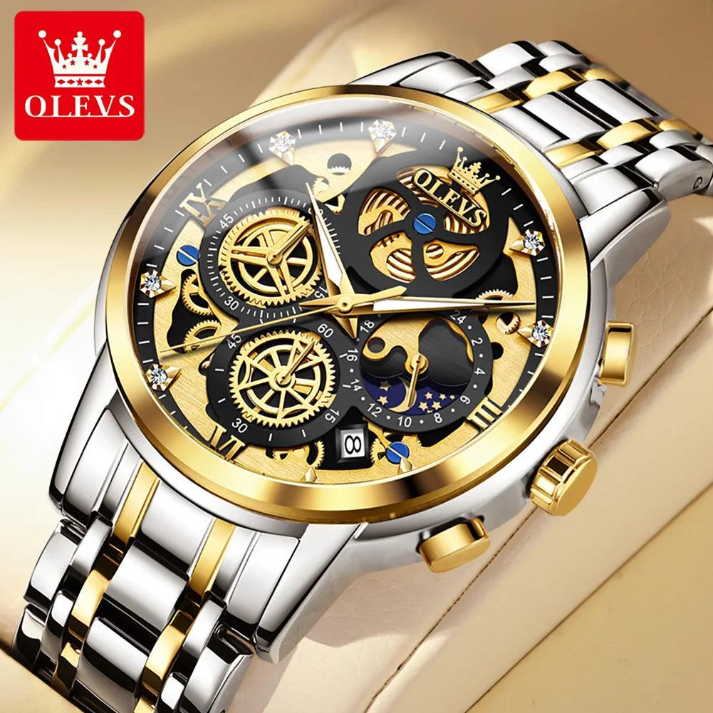 OLEVS 9947 Top Brand Luxury Original Waterproof Quartz Watch for Man Gold Skeleton Style