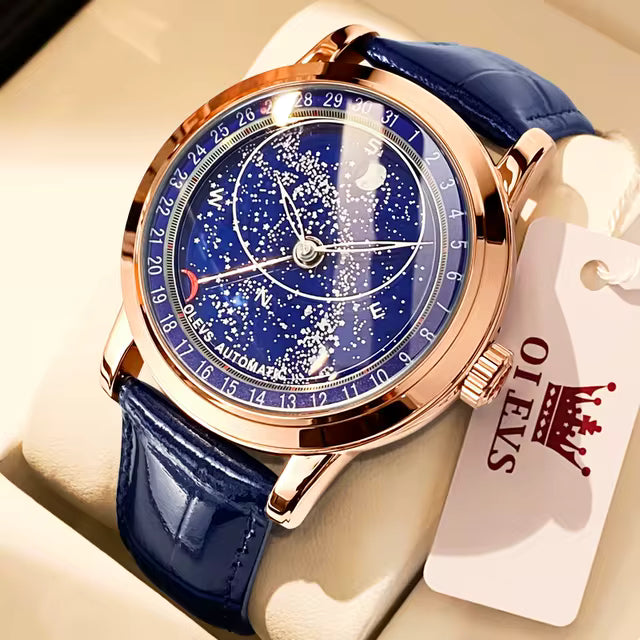 OLEVS 9923 Men's Moon Phase Man Blue Leather Luxury Wristwatch