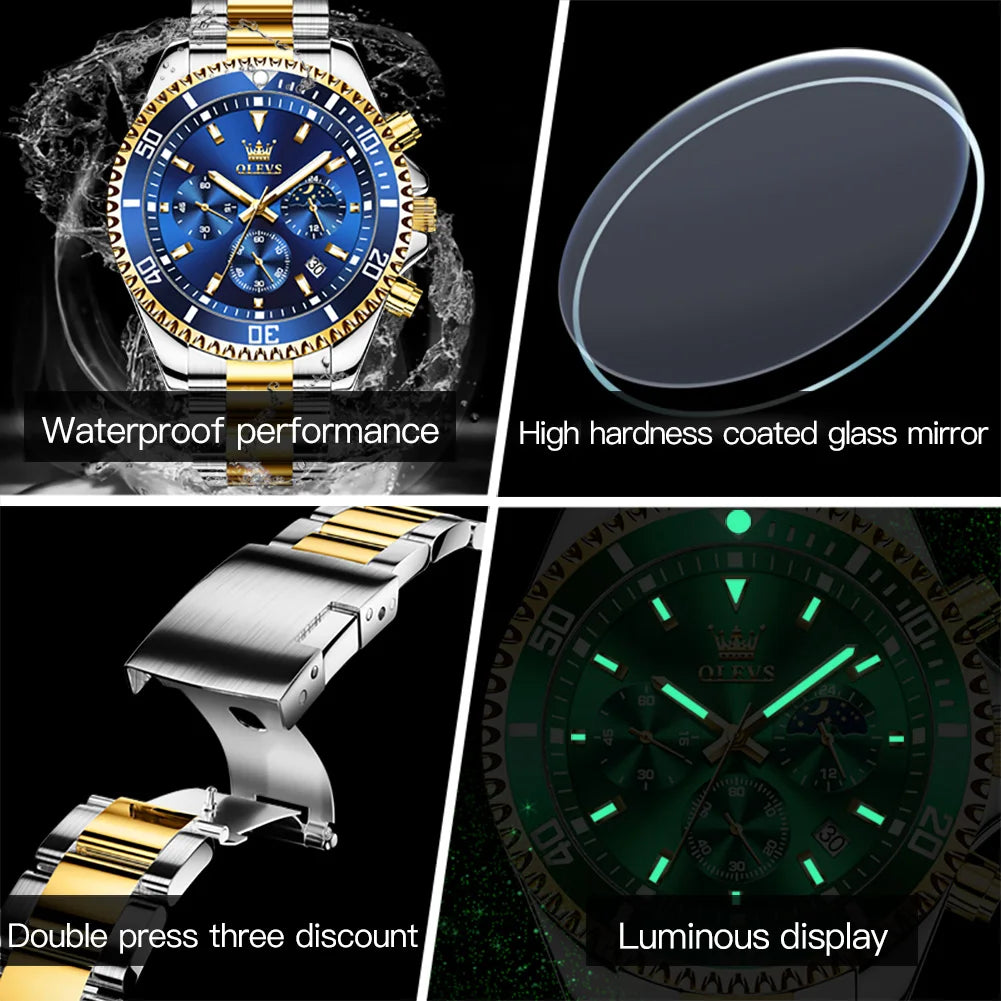OLEVS 2870 Men's Waterproof Stainless Steel Chronograph Moon Phase Rota Dial