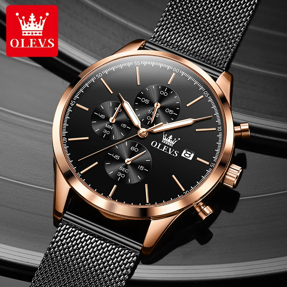 OLEVS Chronograph Men's 42mm Dial Waterproof Stainless Steel Mesh Strap Watch