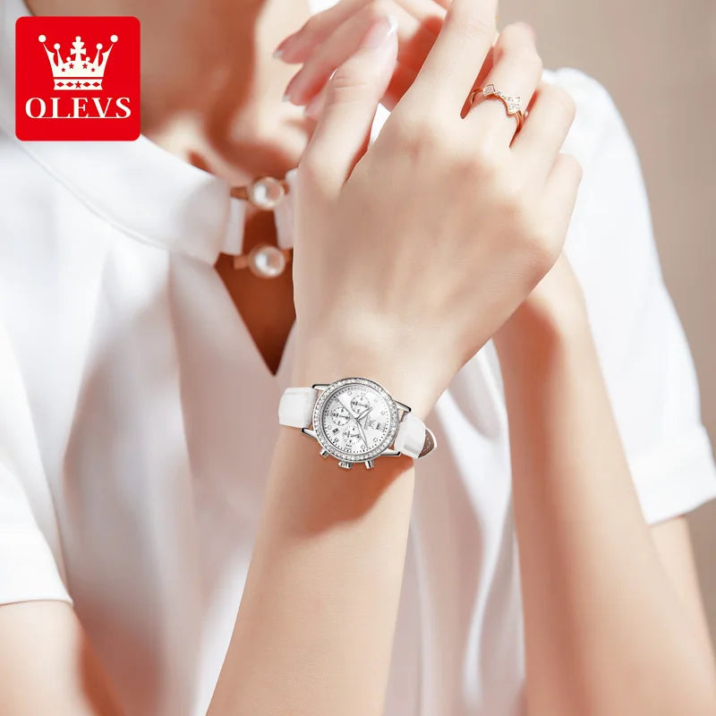 OLEVS 9933 Women's Luxury Diamond Ladies Waterproof Leather Strap Watch