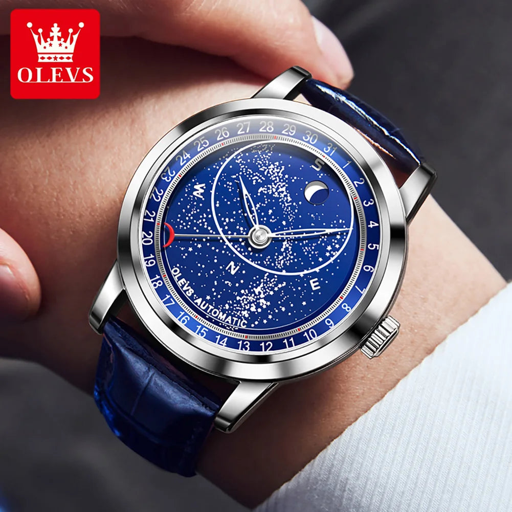 OLEVS 9923 Men's Moon Phase Man Blue Leather Luxury Wristwatch