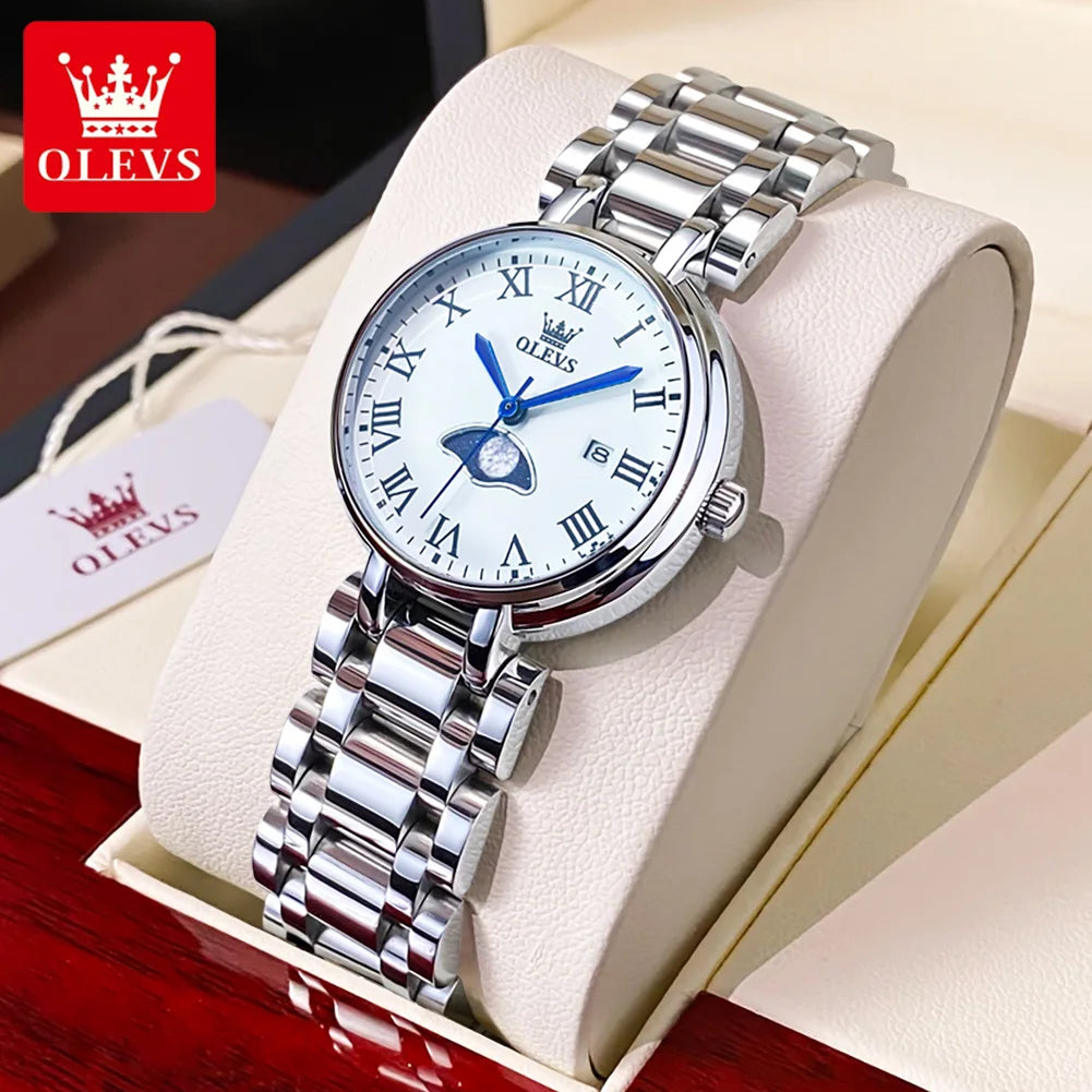 OLEVS 5573 Women's Minimalist Waterproof Stainless Steel Calendar Moon Pash Set