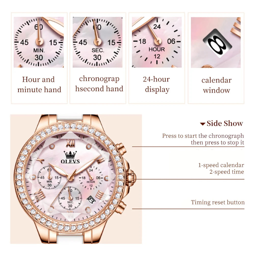 OLEVS 9999 Women's Rhinestone Bezel Ceramic Waterproof Luminous Chronograpgh