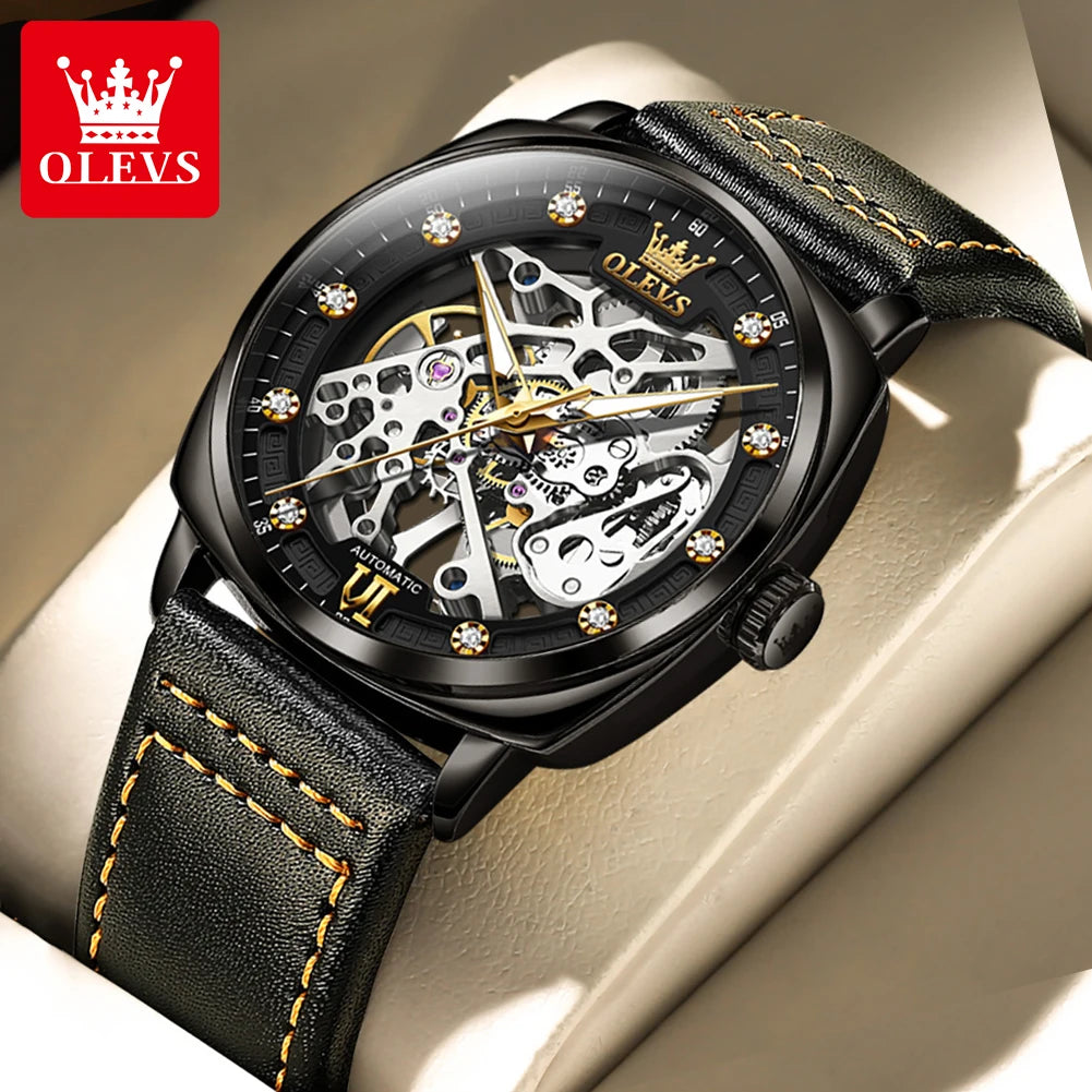 OLEVS 6651 Men's Hollow Mechanical Waterproof Luminous Leather