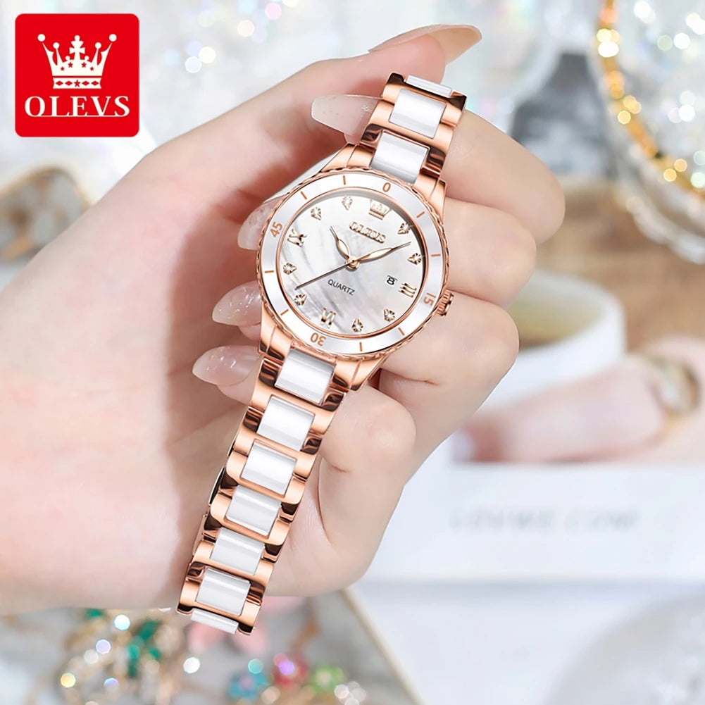 OLEVS 9985 Women's Ceramics Quartz Diamond Scale Display Waterproof Luminous Watch