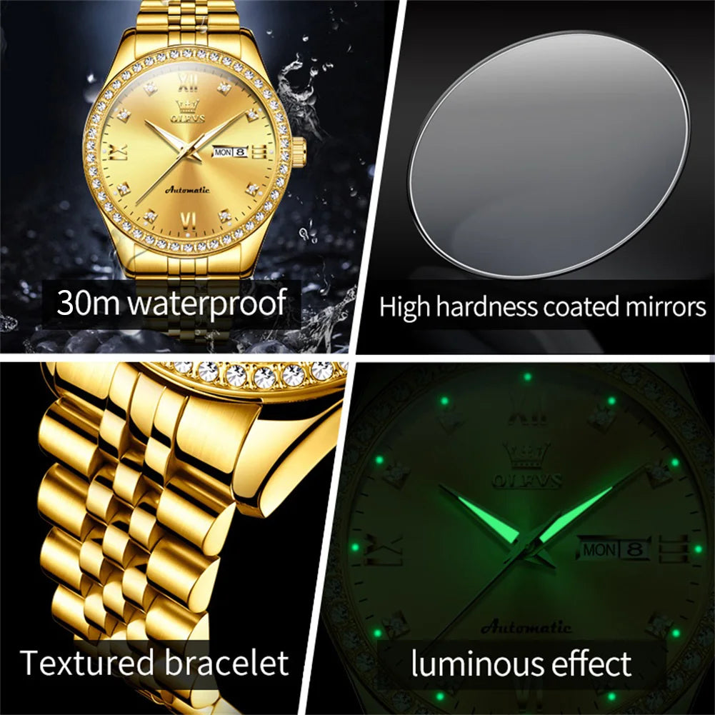 OLEVS 7012 Men's Business Waterproof Fine Steel Luminous Calendar Zircon Bezel