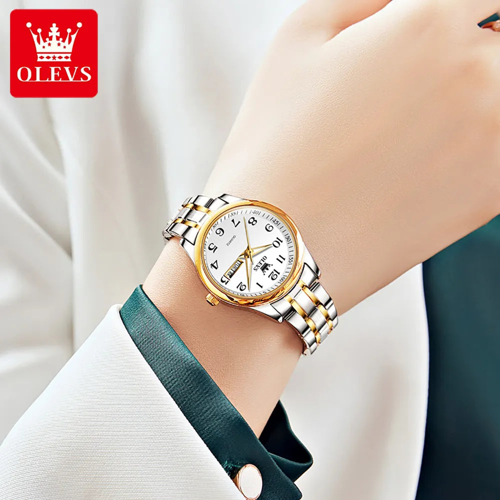 OLEVS Ladies Waterproof Stainless Steel Quartz Woman Wristwatch Gold 2022