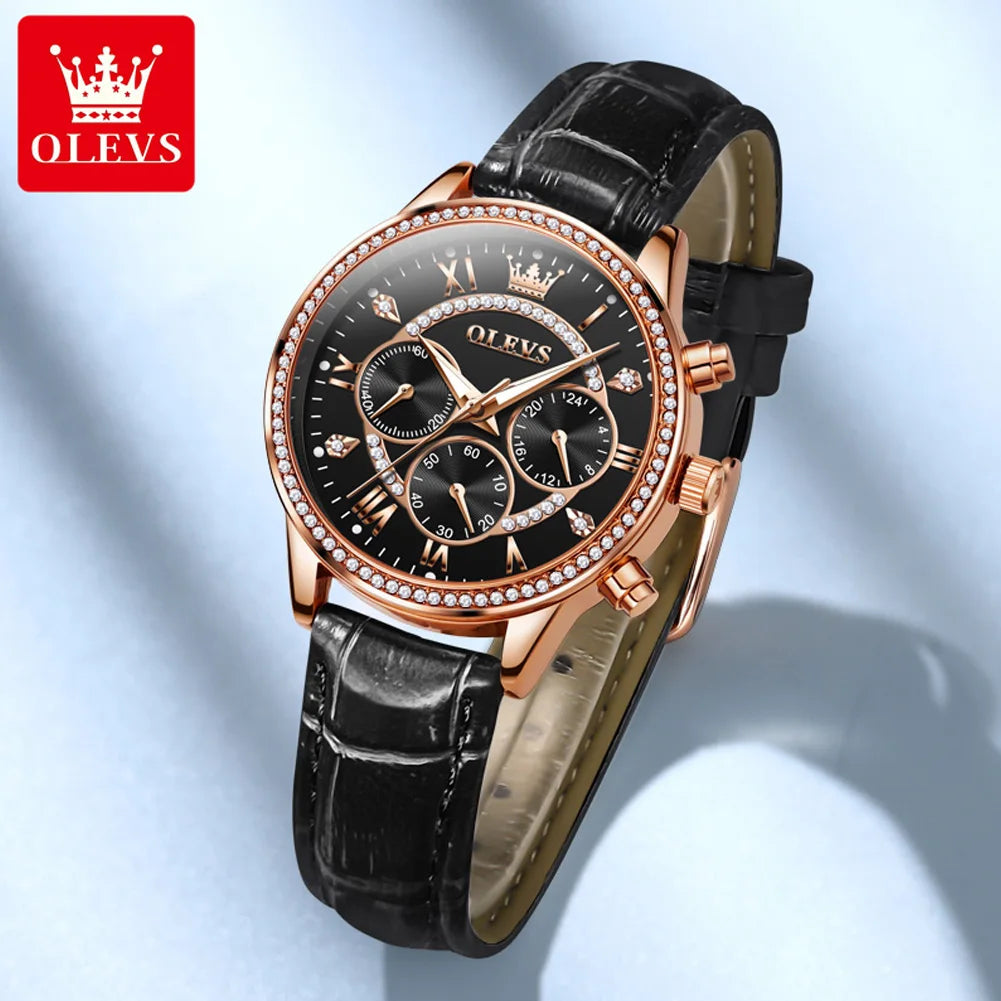 OLEVS 2915 Women's Diamond Bezel Ladies Soft Leather Waterproof Luminous Chronograph