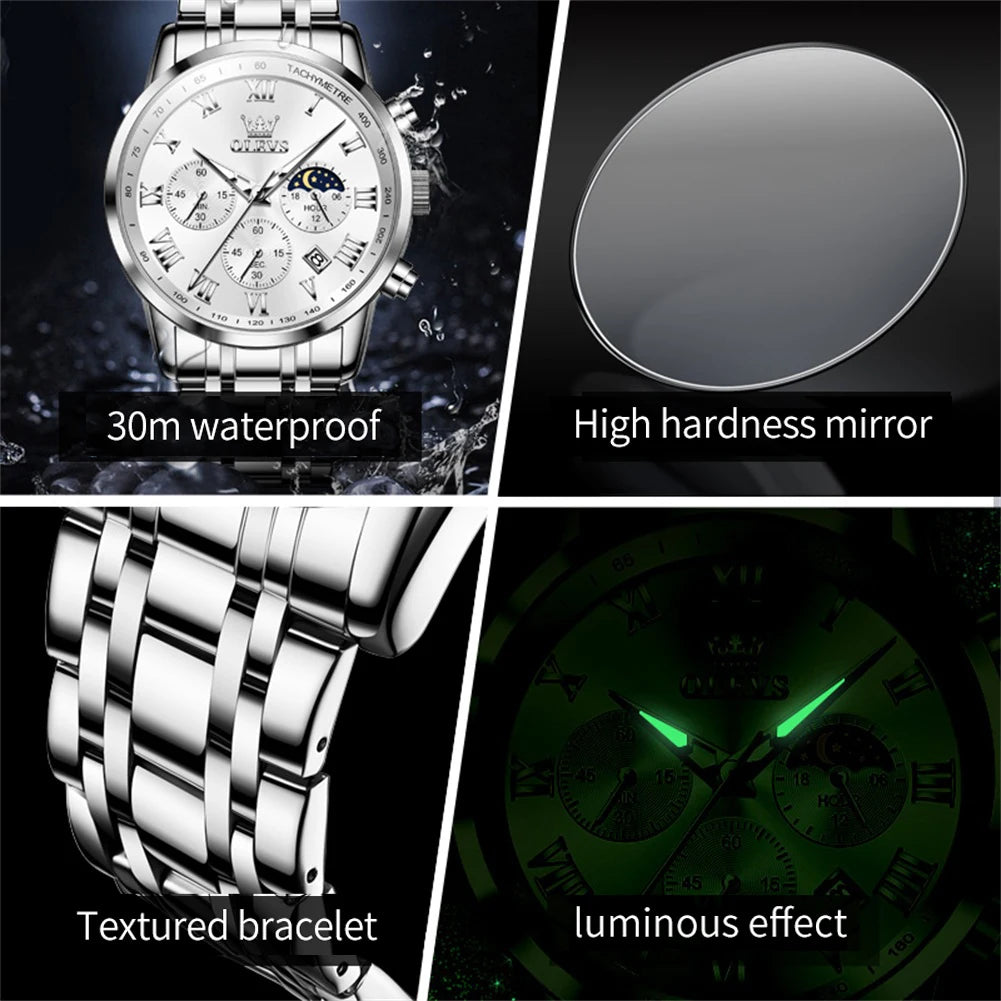 OLEVS Men's Luminous Moon Phase Date Chronograph