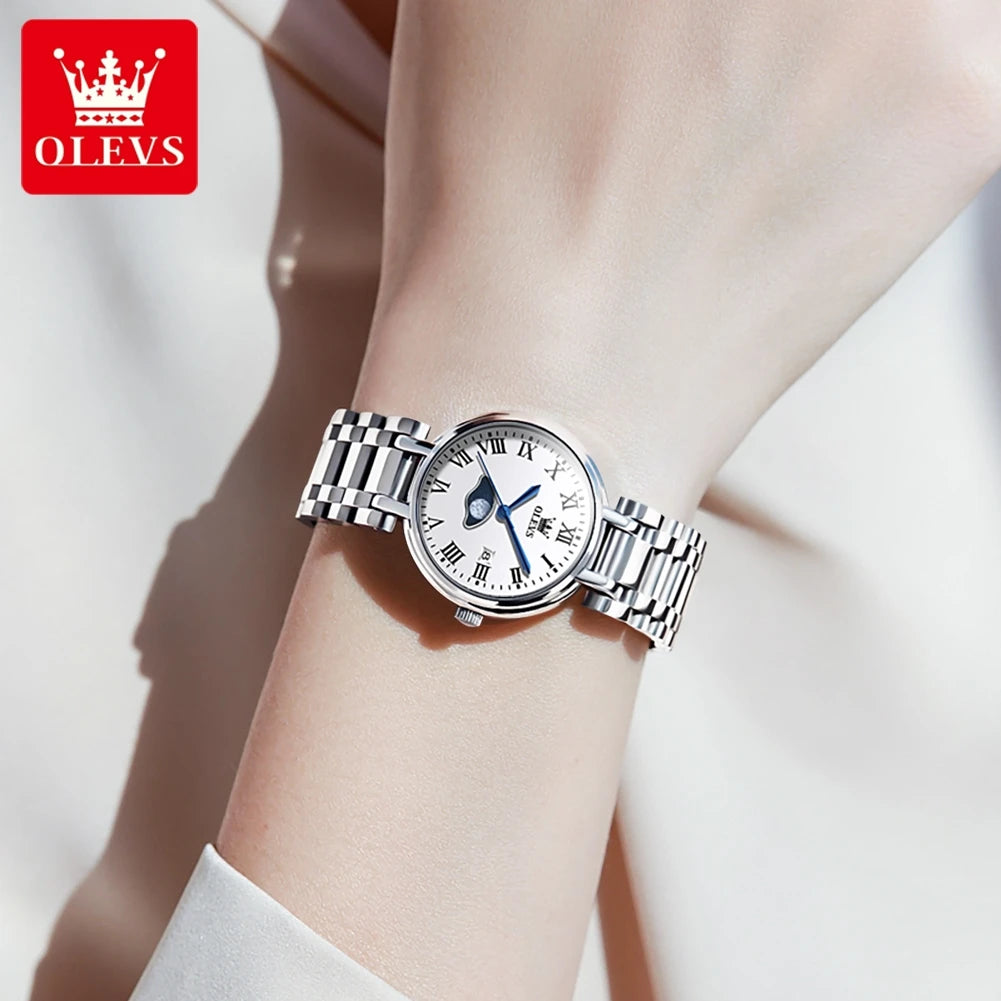 OLEVS 5573 Women's Minimalist Waterproof Stainless Steel Calendar Moon Pash Set
