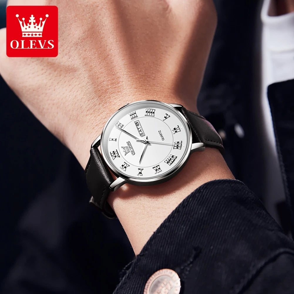 OLEVS Men's Casual Comfortable Leather Strap Waterproof Luminous