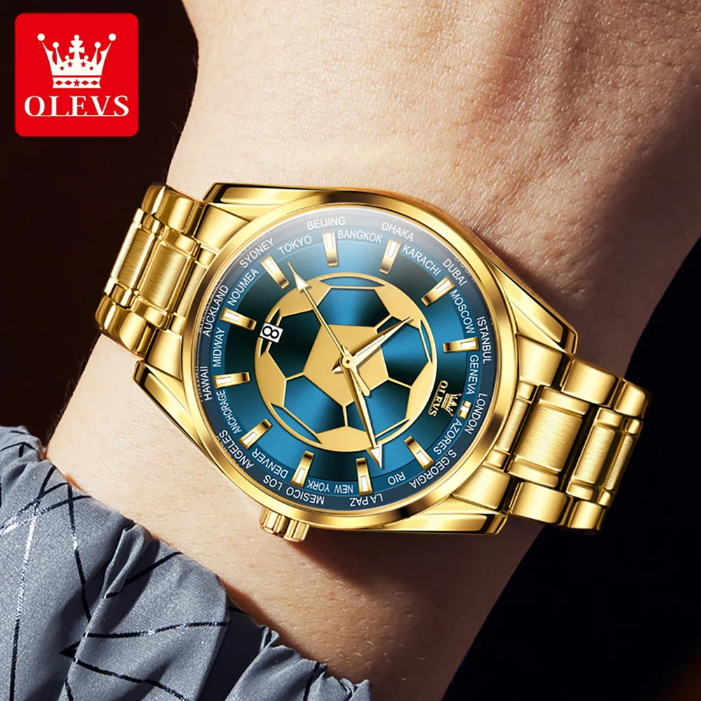 OLEVS 9949 Men's Waterproof Stainless Steel All Gold Blue Soccer Dial