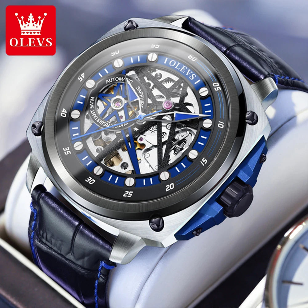 OLEVS Double Star Skeleton 50m Waterproof Leather Strap Lunminous Ruby