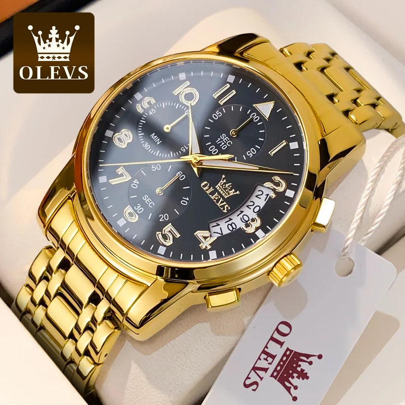 OLEVS 2879 Luxury Men's Gold Chronograph Stainless Steel Luminous Social