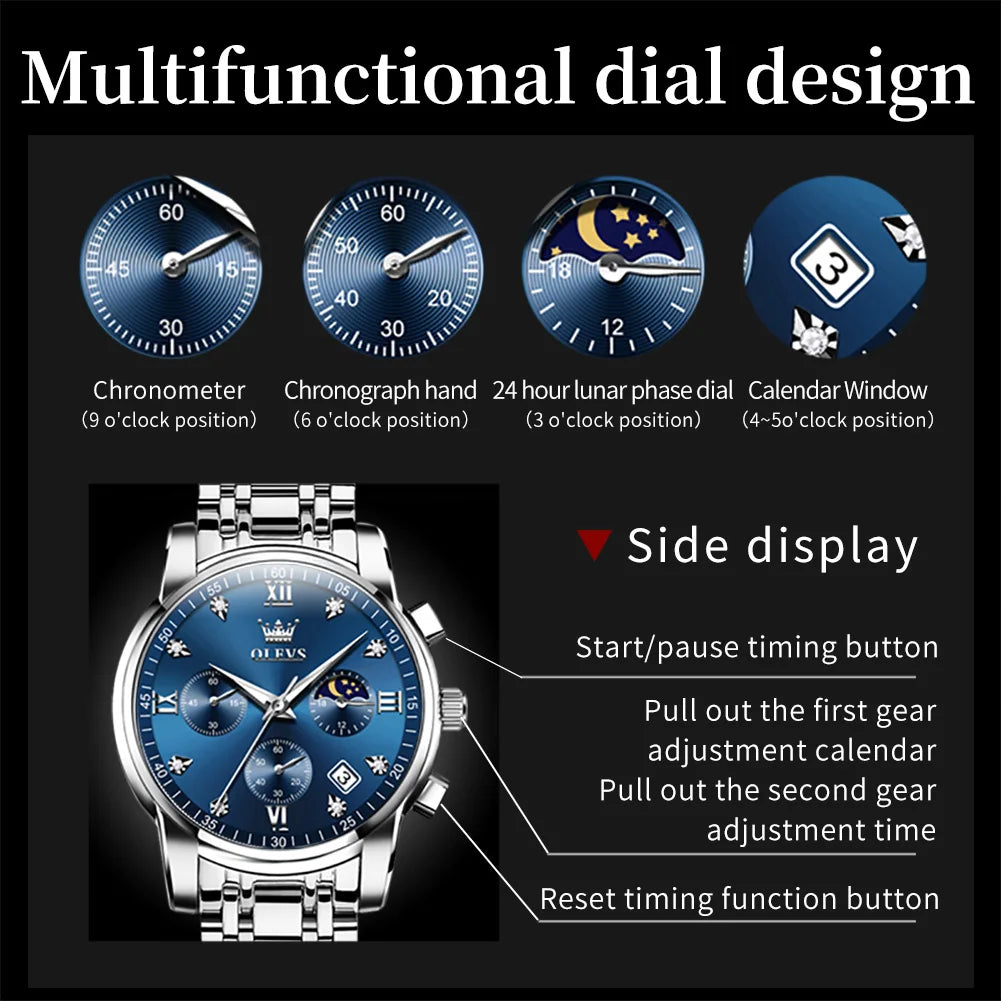 OLEVS 2858 Men's Multifunctional Chronograph Quartz Wateproof Luminous Moon Phase Date