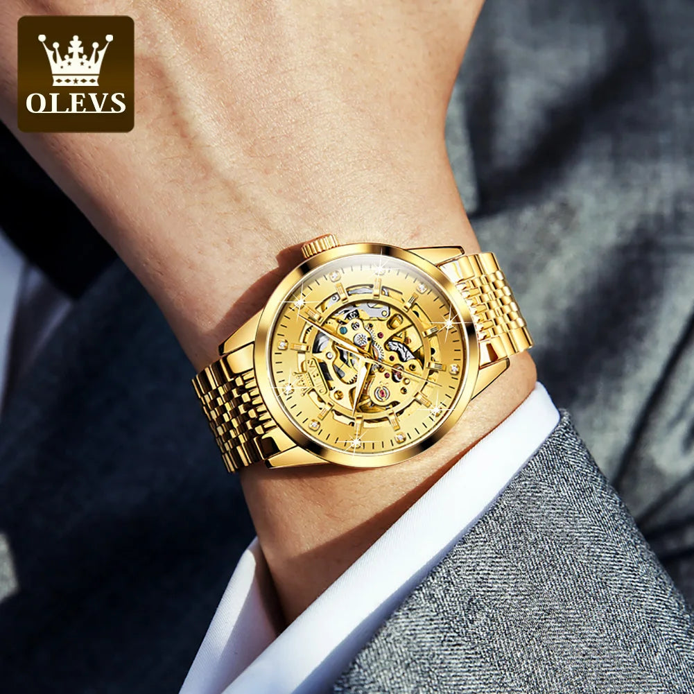 OLEVS 9920 Men's Gold Skeleton Waterproof Stainless Steel Luminous