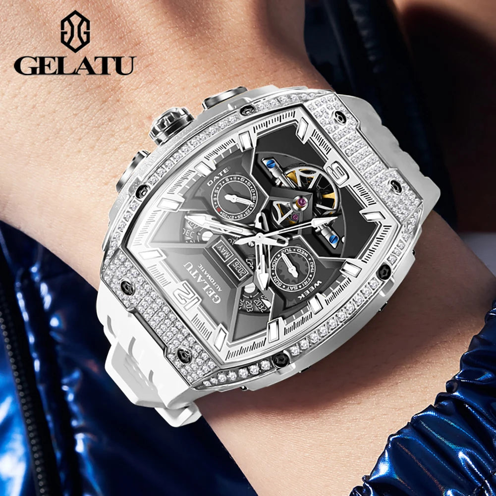 GELATU Top Brand Men's Watches Full Automatic Wristwatch for Man Hollow Mechanical Flywheel Date Week Waterproof Luminous