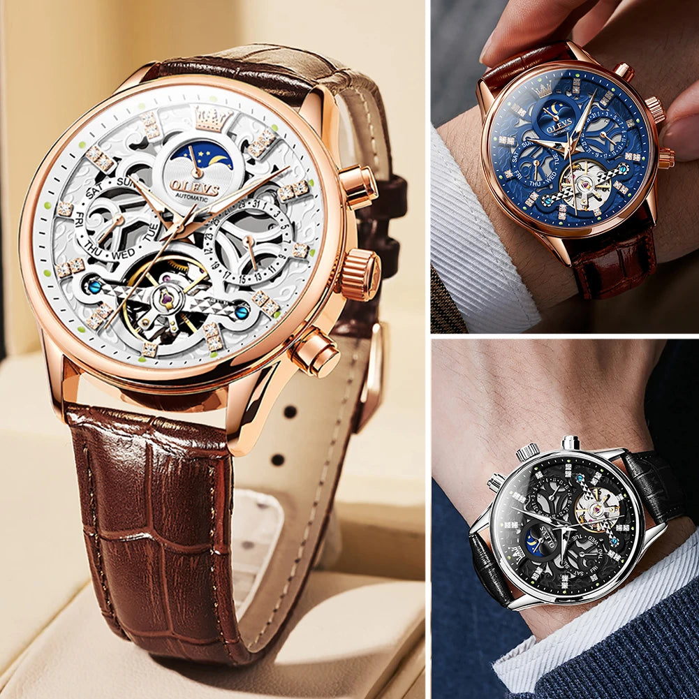 OLEVS 6658 Skeleton Tourbillon Leather Strap