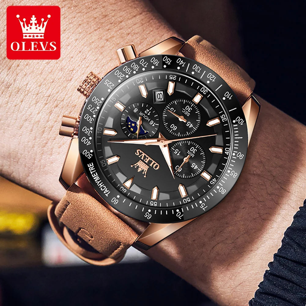 OLEVS 9957 Chronograph Waterproof Leather Wristwatch With Luminous Moon Phase