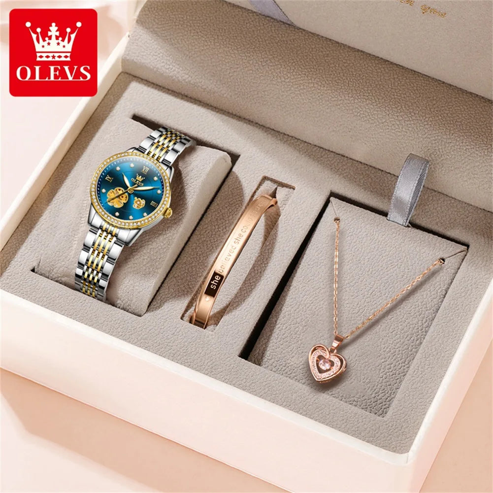 OLEVS 670) Women's Hollow Flower Dial Necklace Set