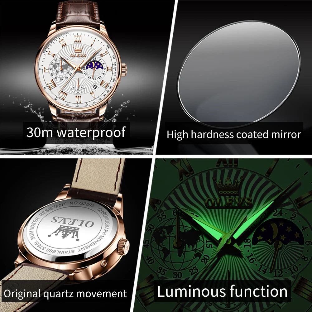 OLEVS 2893 Men's Waterproof Luminous Moon Phase Calendar Chronograph