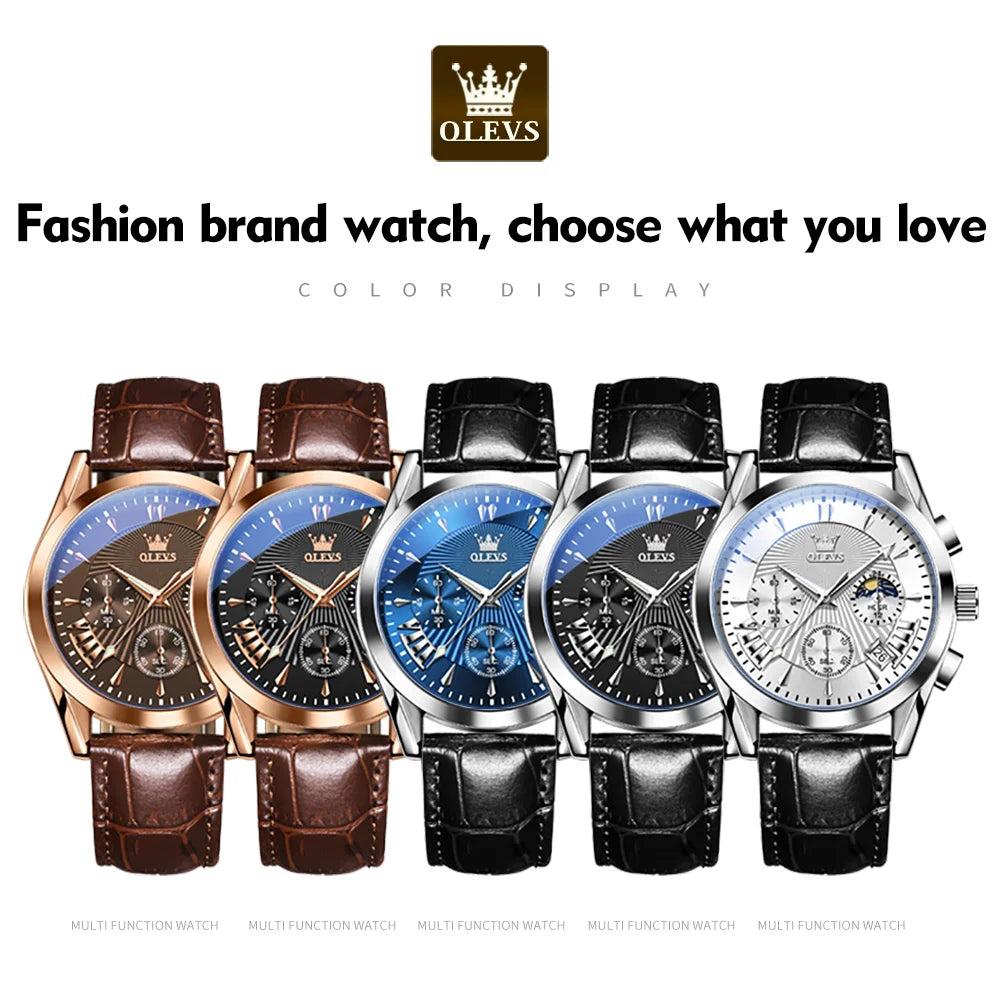 OLEVS Sport Chronograph Quartz Waterproof Leather Strap Luminous dial