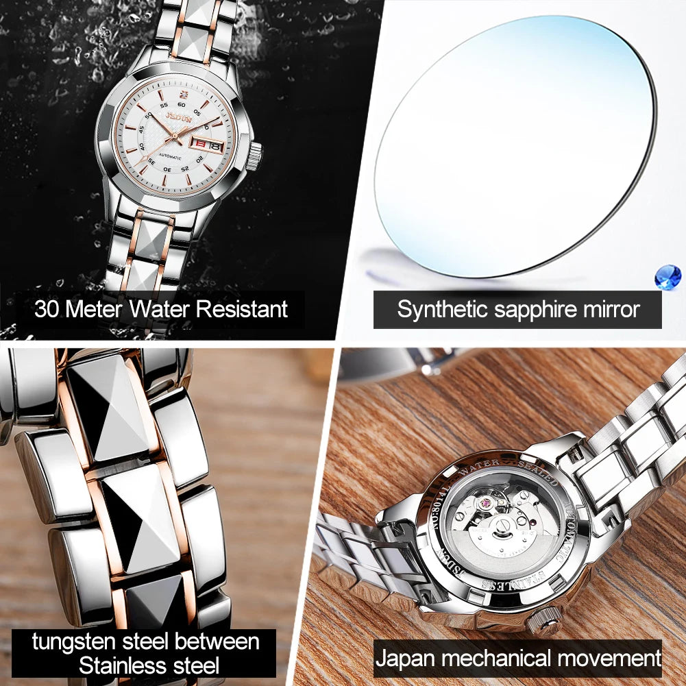 Women's 8014 Waterproof Dual Calendar Mechanical Luminous Tungsten Steel Watch