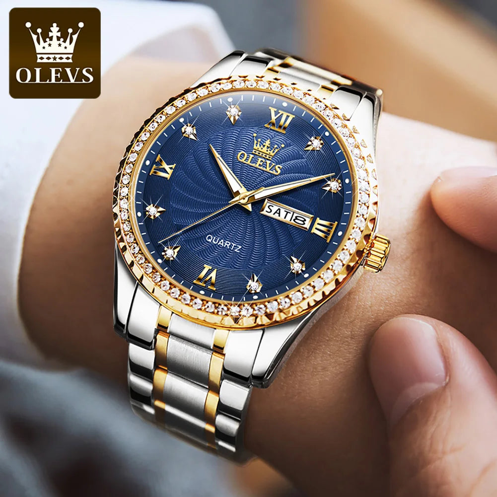 OLEVS Men's Shiny DIamond Threaded Dial Waterproof Luminous Reloj