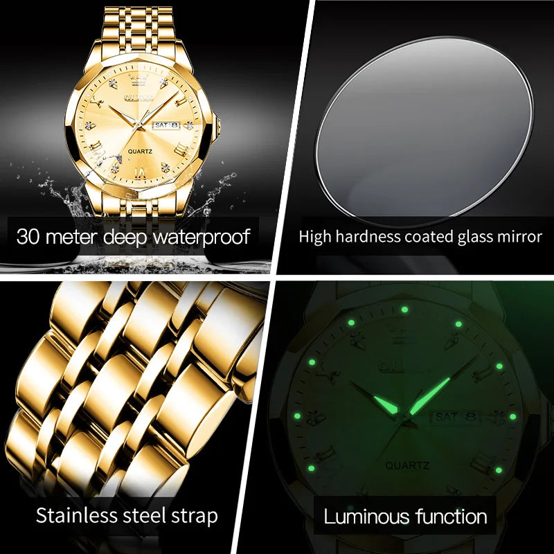 OLEVS 9931 Men‘s Gold Waterproof Luminous Rhombus Mirror